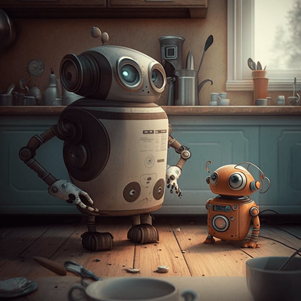 два робота убираются на кухне